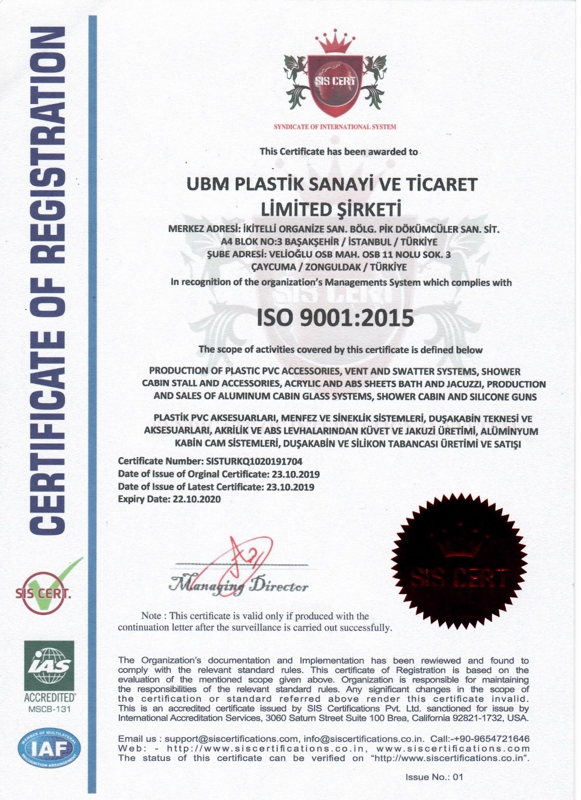 UBM PLASTİK ISO 9001:2015